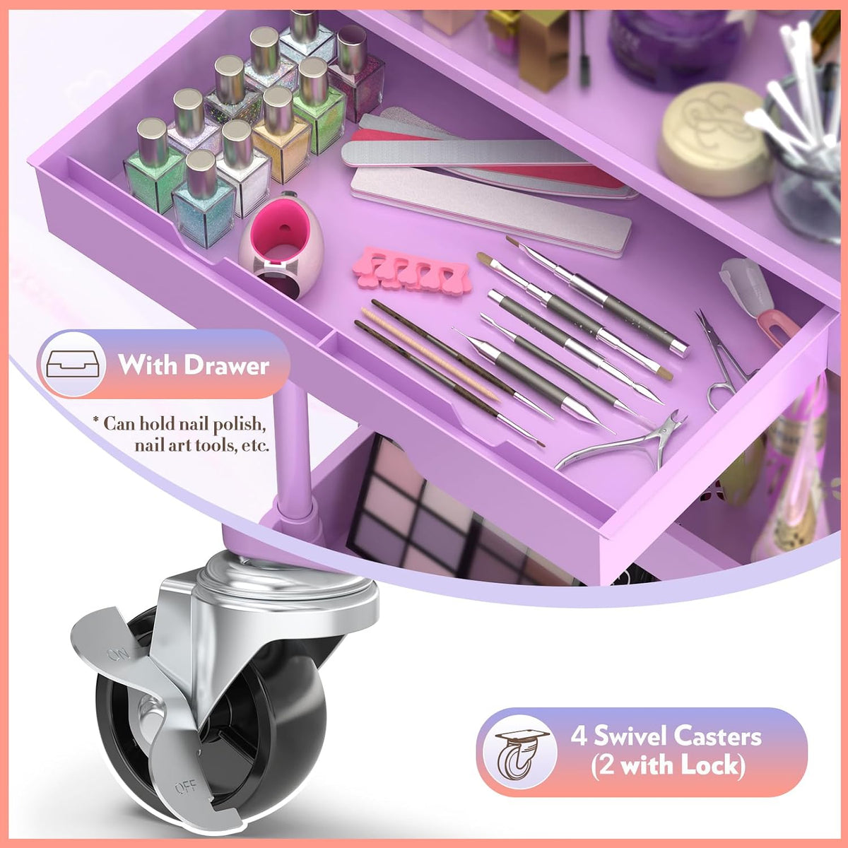 Makeup Cart Organizer with Drawer,3 Tier Rolling Makeup Cart, White