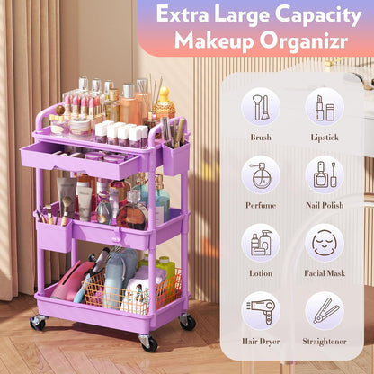 Makeup Cart Organizer with Drawer,3 Tier Rolling Makeup Cart, White