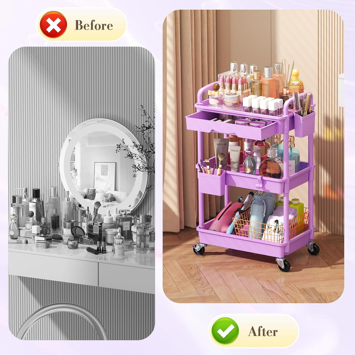 Makeup Cart Organizer with Drawer,3 Tier Rolling Makeup Cart, White