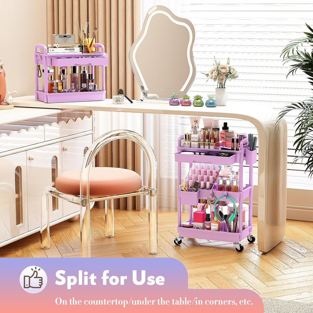 Makeup Cart Organizer with Drawer,3 Tier Rolling Makeup Cart, White
