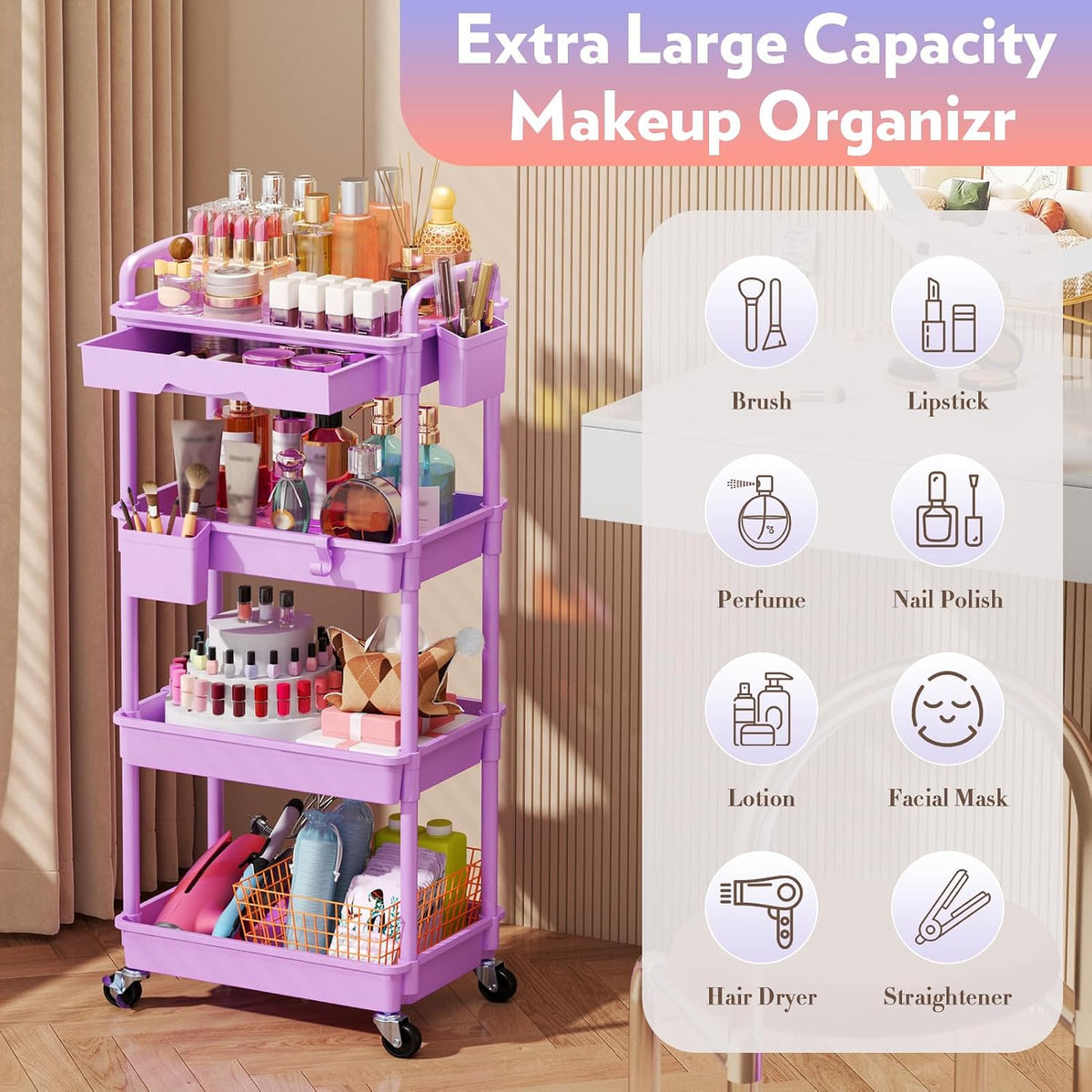 Makeup Cart Organizer with Drawer,3 Tier Rolling Makeup Cart, White