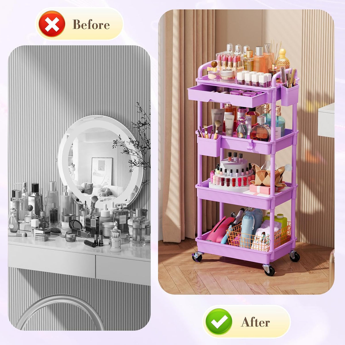 Makeup Cart Organizer with Drawer,3 Tier Rolling Makeup Cart, White