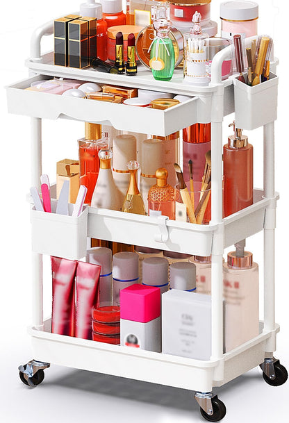 Makeup Cart Organizer with Drawer,3 Tier Rolling Makeup Cart, White