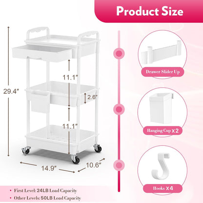 Makeup Cart Organizer with Drawer,3 Tier Rolling Makeup Cart, White