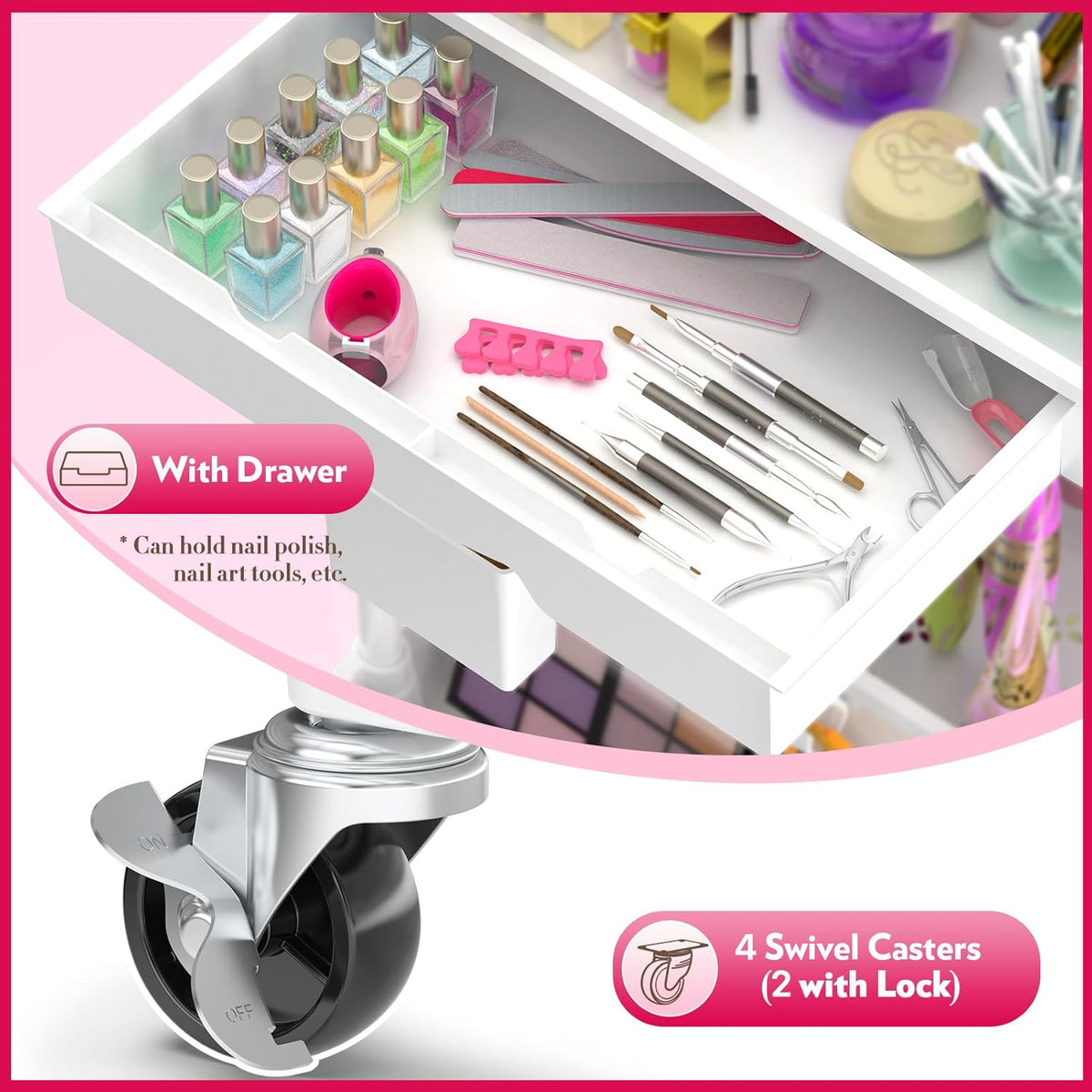 Makeup Cart Organizer with Drawer,3 Tier Rolling Makeup Cart, White