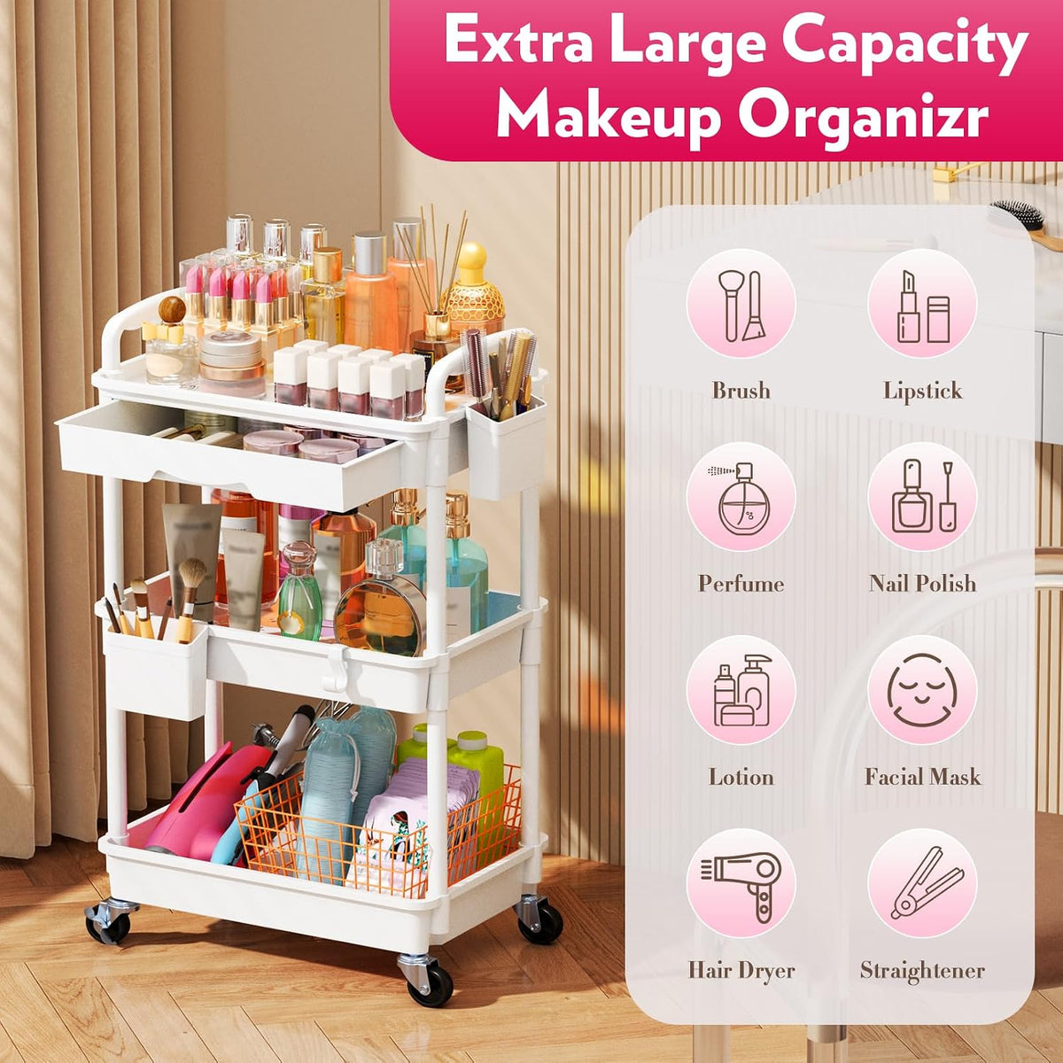 Makeup Cart Organizer with Drawer,3 Tier Rolling Makeup Cart, White