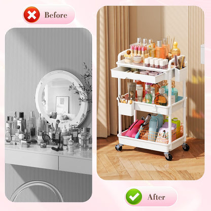 Makeup Cart Organizer with Drawer,3 Tier Rolling Makeup Cart, White
