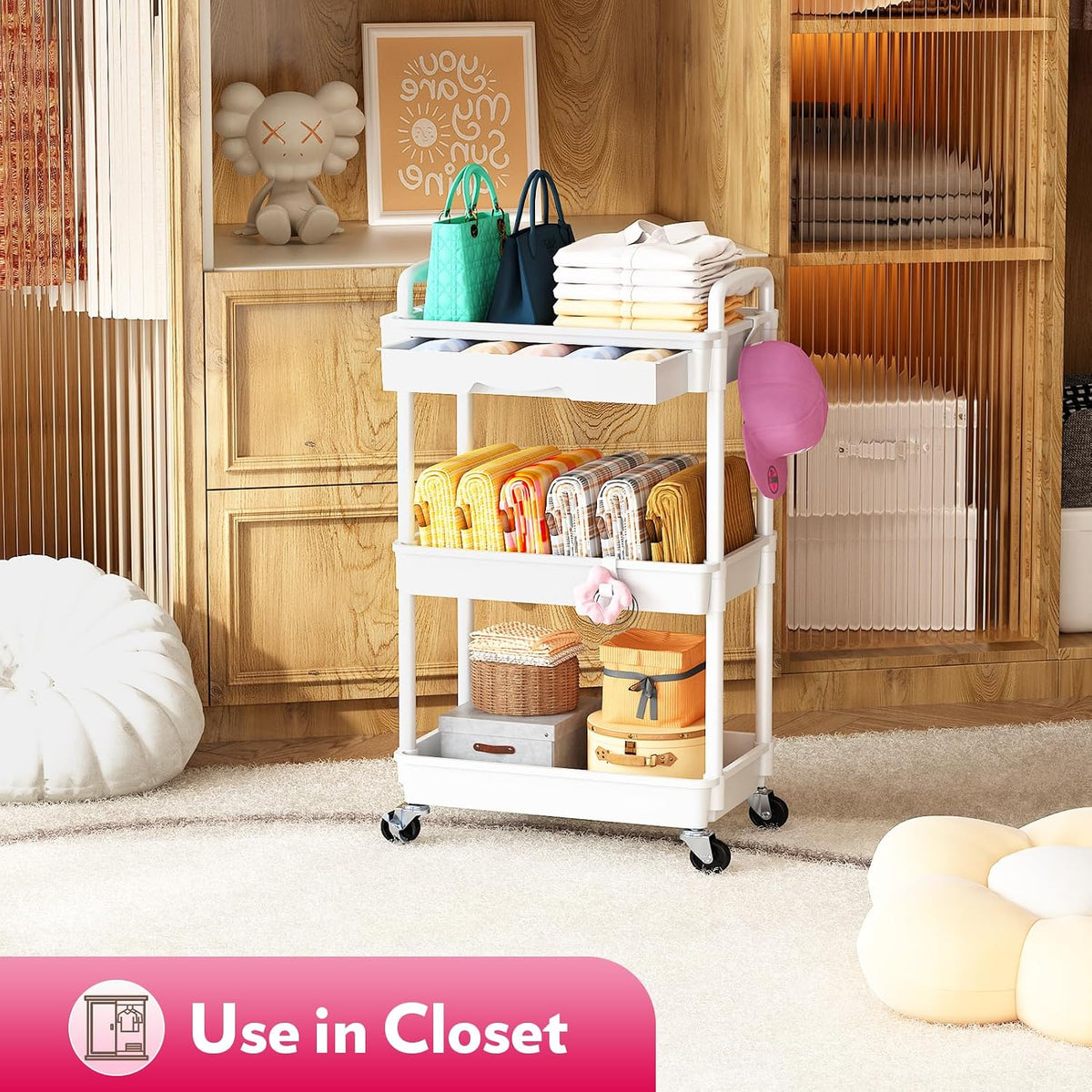 Makeup Cart Organizer with Drawer,3 Tier Rolling Makeup Cart, White