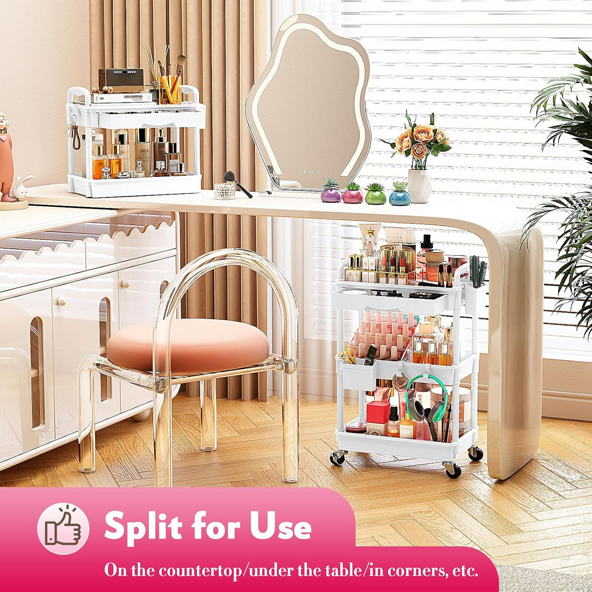 Makeup Cart Organizer with Drawer,3 Tier Rolling Makeup Cart, White