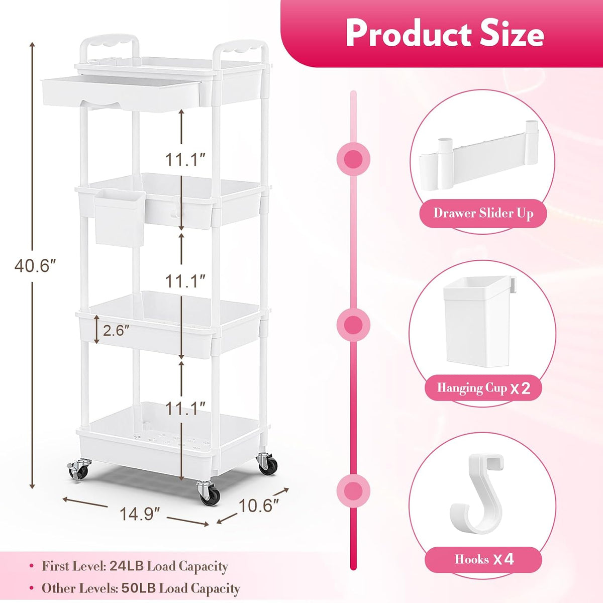 Makeup Cart Organizer with Drawer,3 Tier Rolling Makeup Cart, White