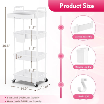Makeup Cart Organizer with Drawer,3 Tier Rolling Makeup Cart, White