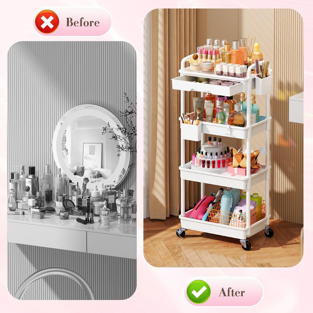 Makeup Cart Organizer with Drawer,3 Tier Rolling Makeup Cart, White