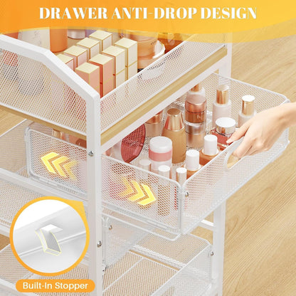 Makeup Cart Organizer with Drawer,3 Tier Rolling Makeup Cart, White