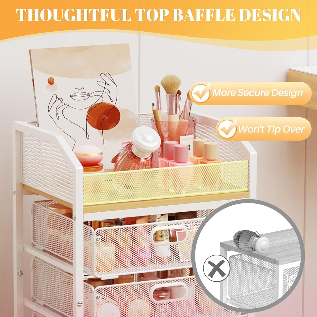 Makeup Cart Organizer with Drawer,3 Tier Rolling Makeup Cart, White