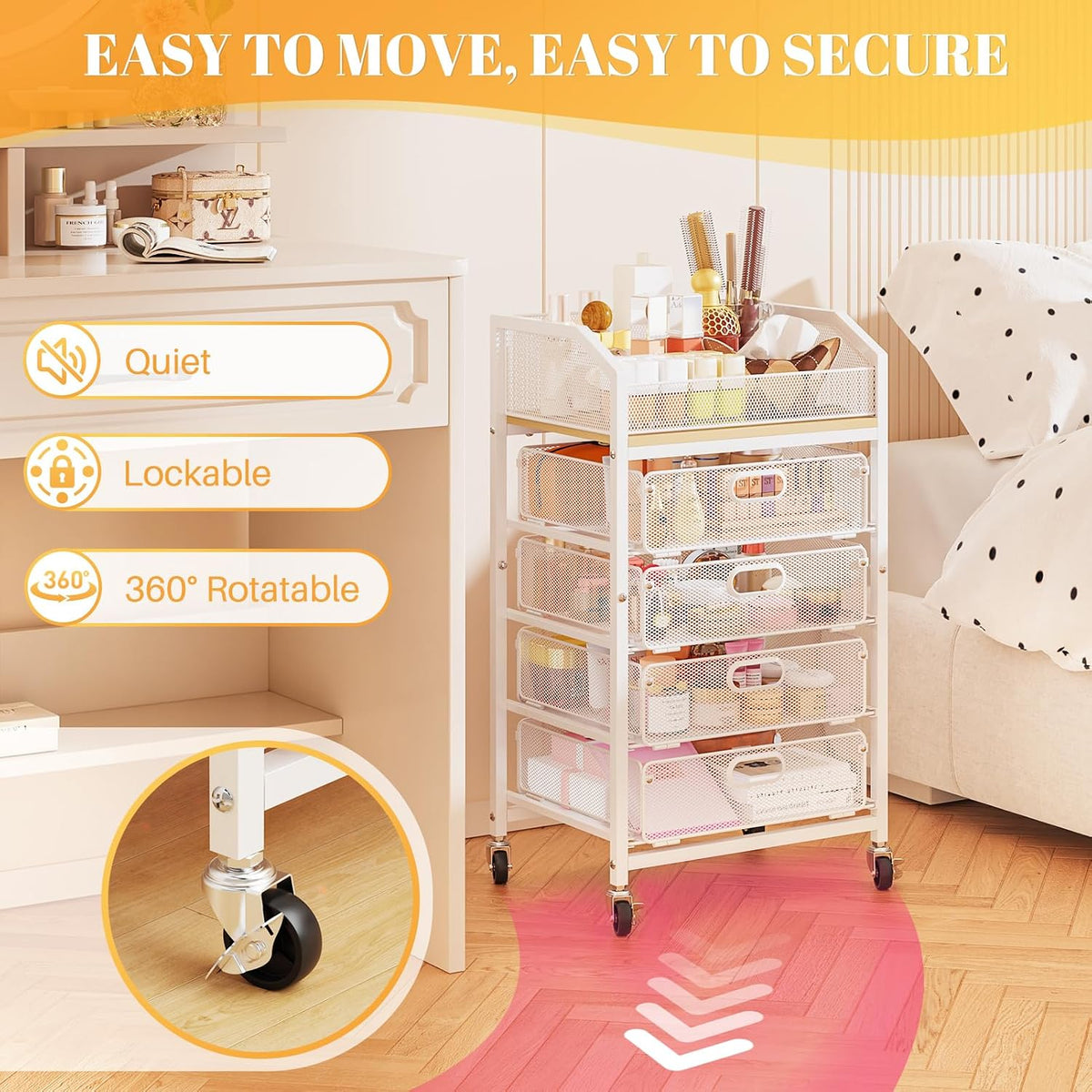 Makeup Cart Organizer with Drawer,3 Tier Rolling Makeup Cart, White
