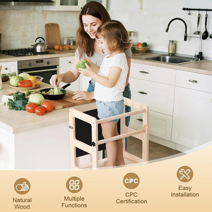 Toddler Kitchen Step Stool, 4-in-1 Foldable Standing Tower with Blackboard, Toddler Step Stool for Bathroom Sink, Kitchen Counter, Ages 18 Months+, 1-3 Year Old Boy Girl Gifts