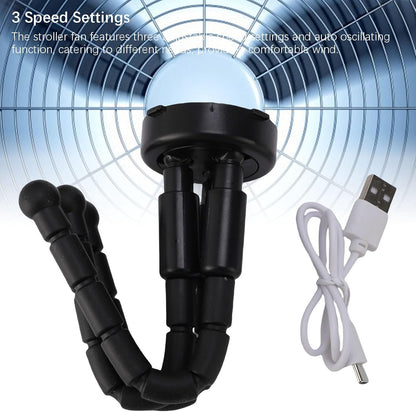 Portable Stroller Fan, Flexible Tripod Clip Fan with 3 Wind Speeds & Auto Oscillating, Detachable Night Light, Portable Cooling for Stroller Bike Desk