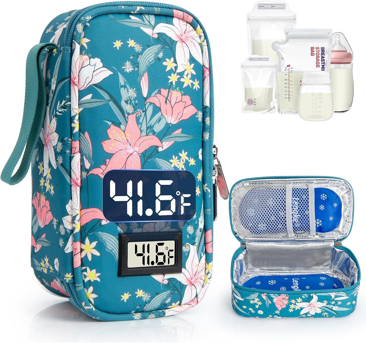 Breast Milk Cooler Travel Bag with Temperature Display, Holds 20oz Breastmilk Storage Bag with 2 Breast Milk Ice Pack, Cooling & Waterproof Portable Cooler for Moms on The Go (Lily)
