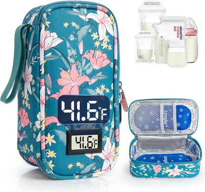 Breast Milk Cooler Travel Bag with Temperature Display, Holds 20oz Breastmilk Storage Bag with 2 Breast Milk Ice Pack, Cooling & Waterproof Portable Cooler for Moms on The Go (Lily)