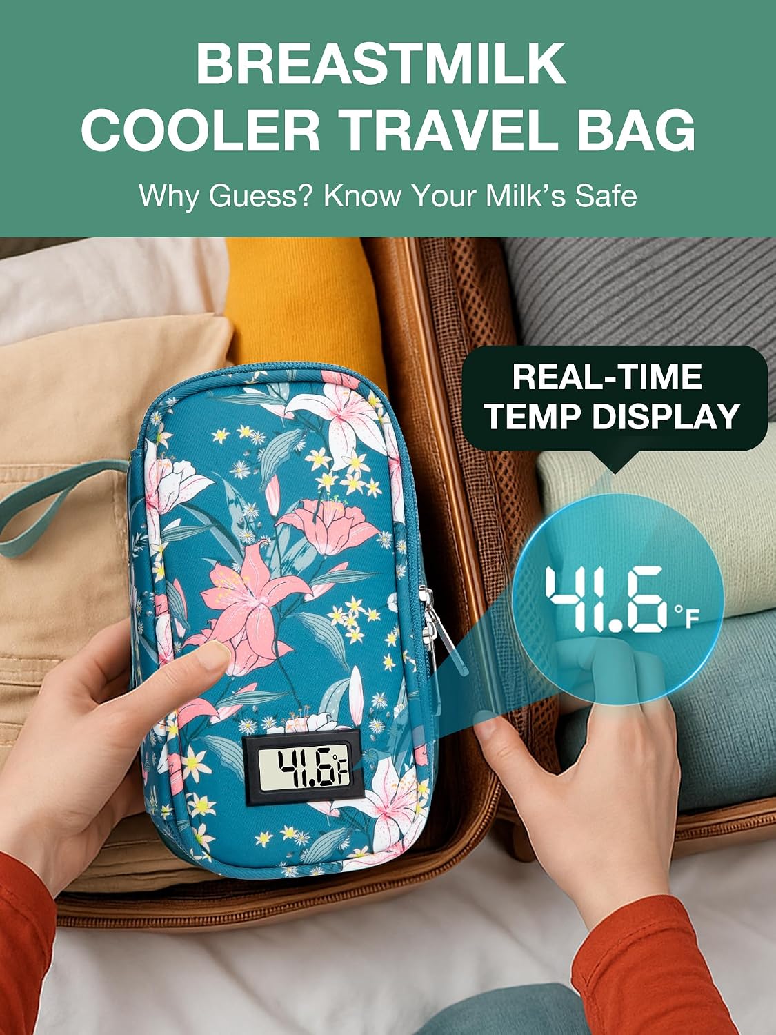 Breast Milk Cooler Travel Bag with Temperature Display, Holds 20oz Breastmilk Storage Bag with 2 Breast Milk Ice Pack, Cooling & Waterproof Portable Cooler for Moms on The Go (Lily)