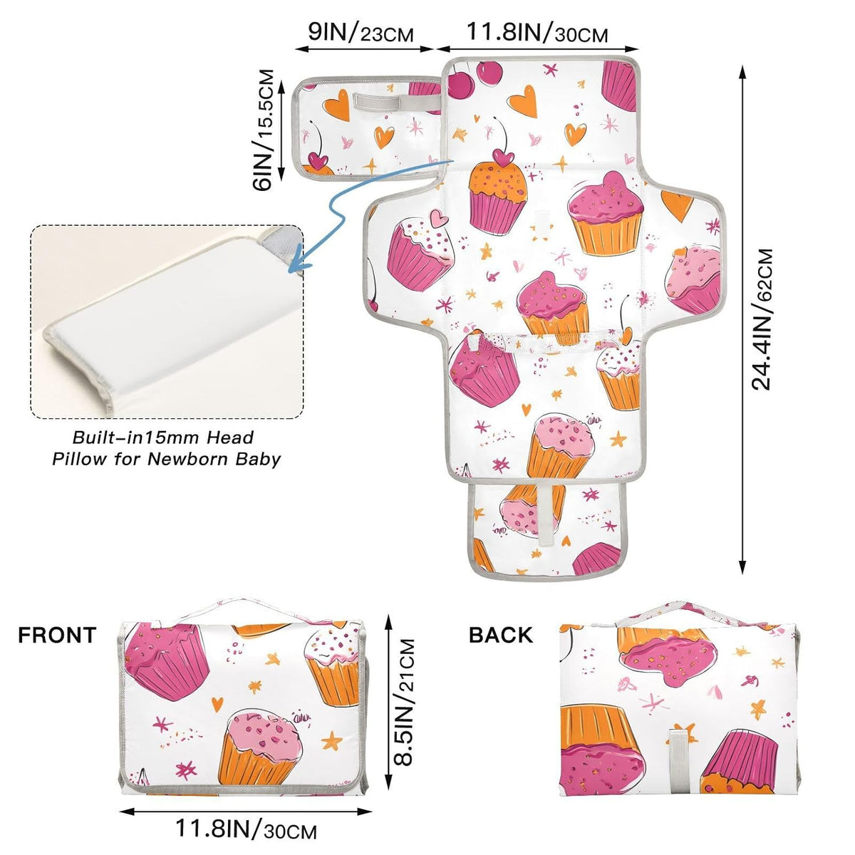 Cupcake and Cherry Heart Portable Diaper Changing Pad for Newborn Girl & Boy - Baby Changing Pad Lightweight Waterproof Travel Changing Kit
