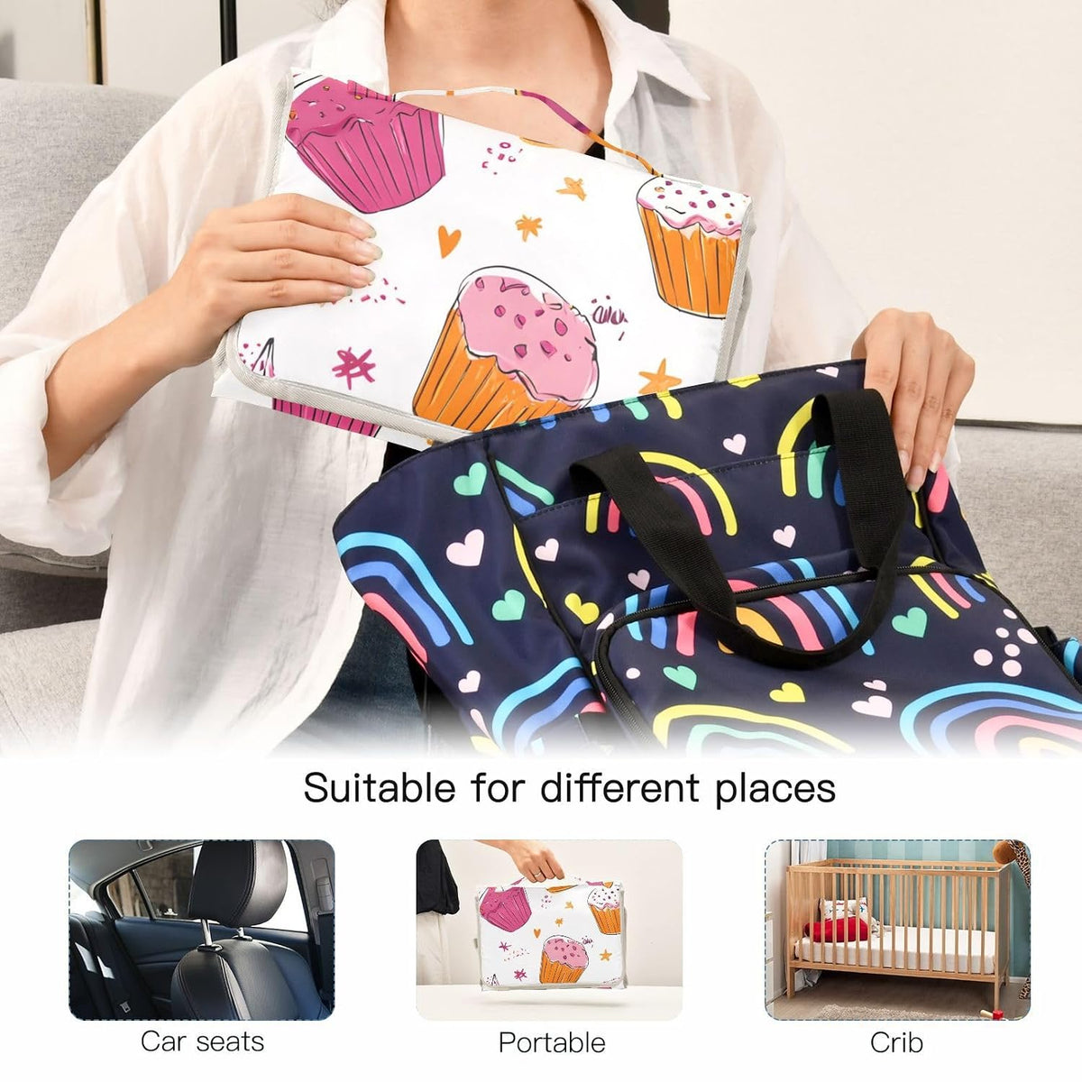 Cupcake and Cherry Heart Portable Diaper Changing Pad for Newborn Girl & Boy - Baby Changing Pad Lightweight Waterproof Travel Changing Kit
