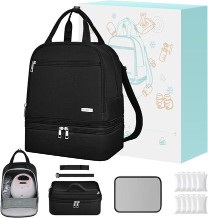 Breast Pump Bag with Insulated Cooler, Double-Layer Pumping Bag for Work & Travel, Fits Most Electric Breast Pumps, Includes 10 Ice Packs & Waterproof Mat, Detachable Bottle Cooler Tote, Pink
