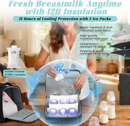 Breast Pump Bag with Insulated Cooler, Double-Layer Pumping Bag for Work & Travel, Fits Most Electric Breast Pumps, Includes 10 Ice Packs & Waterproof Mat, Detachable Bottle Cooler Tote, Pink