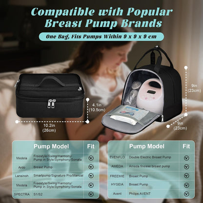Breast Pump Bag with Insulated Cooler, Double-Layer Pumping Bag for Work & Travel, Fits Most Electric Breast Pumps, Includes 10 Ice Packs & Waterproof Mat, Detachable Bottle Cooler Tote, Pink