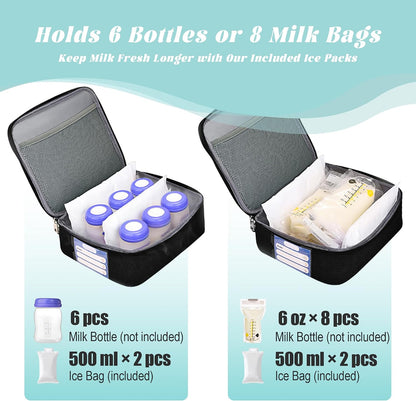 Breast Pump Bag with Insulated Cooler, Double-Layer Pumping Bag for Work & Travel, Fits Most Electric Breast Pumps, Includes 10 Ice Packs & Waterproof Mat, Detachable Bottle Cooler Tote, Pink