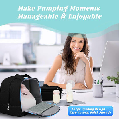Breast Pump Bag with Insulated Cooler, Double-Layer Pumping Bag for Work & Travel, Fits Most Electric Breast Pumps, Includes 10 Ice Packs & Waterproof Mat, Detachable Bottle Cooler Tote, Pink