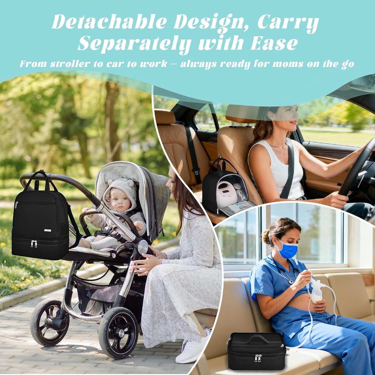 Breast Pump Bag with Insulated Cooler, Double-Layer Pumping Bag for Work & Travel, Fits Most Electric Breast Pumps, Includes 10 Ice Packs & Waterproof Mat, Detachable Bottle Cooler Tote, Pink