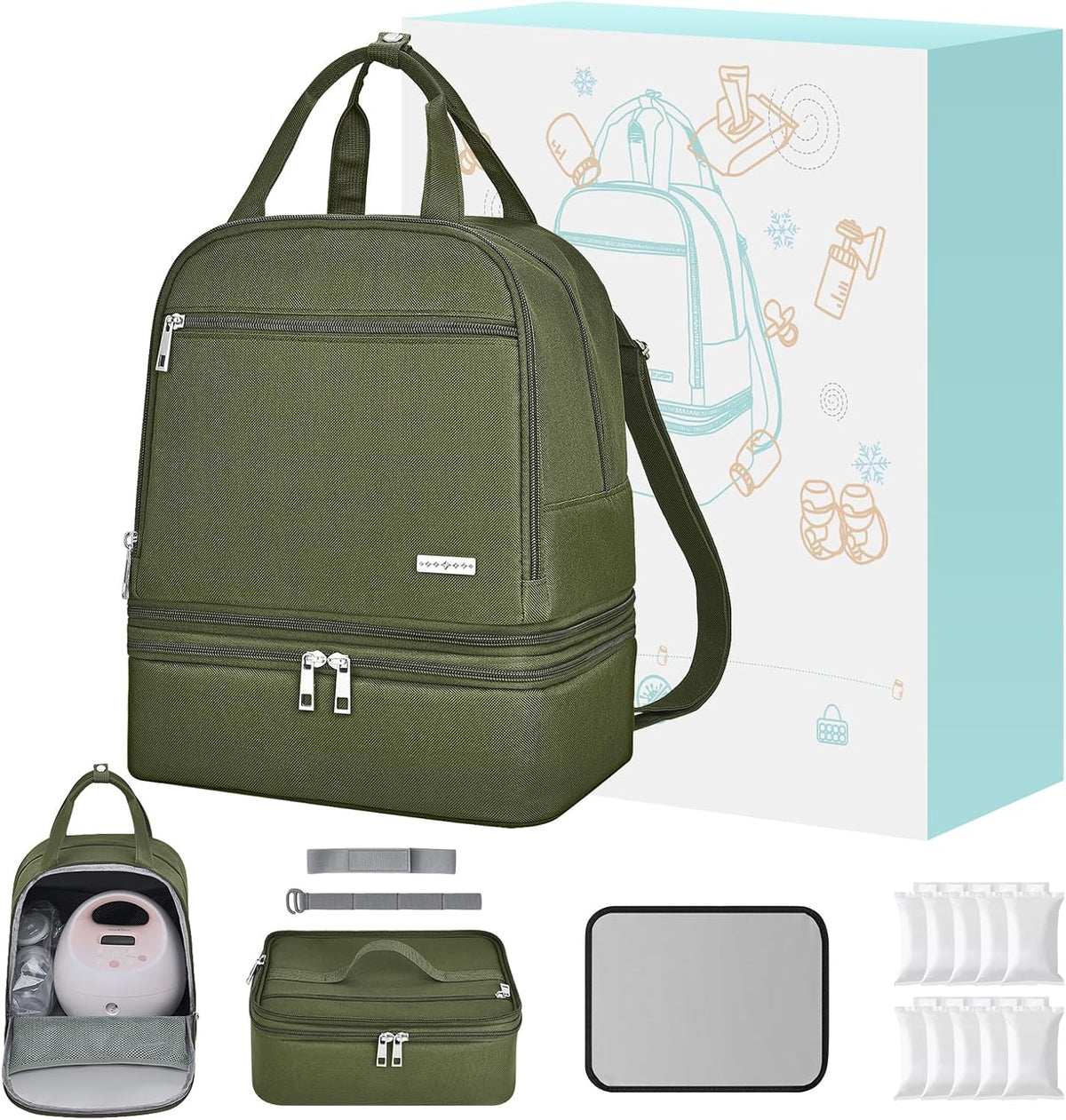 Breast Pump Bag with Insulated Cooler, Double-Layer Pumping Bag for Work & Travel, Fits Most Electric Breast Pumps, Includes 10 Ice Packs & Waterproof Mat, Detachable Bottle Cooler Tote, Pink