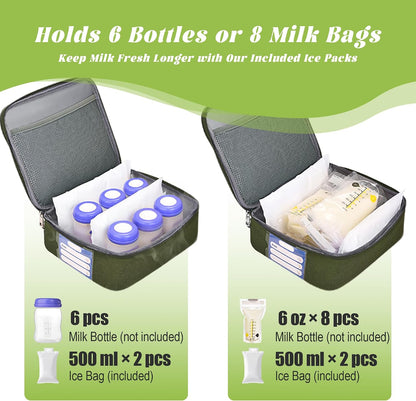 Breast Pump Bag with Insulated Cooler, Double-Layer Pumping Bag for Work & Travel, Fits Most Electric Breast Pumps, Includes 10 Ice Packs & Waterproof Mat, Detachable Bottle Cooler Tote, Pink