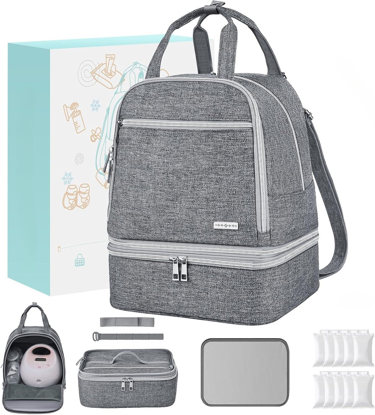 Breast Pump Bag with Insulated Cooler, Double-Layer Pumping Bag for Work & Travel, Fits Most Electric Breast Pumps, Includes 10 Ice Packs & Waterproof Mat, Detachable Bottle Cooler Tote, Pink