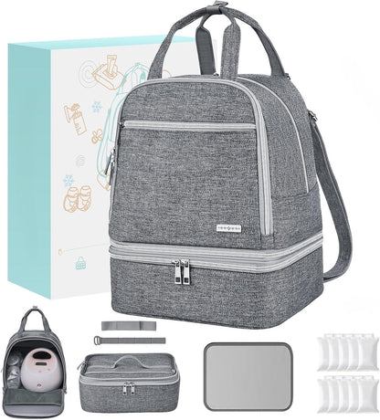 Breast Pump Bag with Insulated Cooler, Double-Layer Pumping Bag for Work & Travel, Fits Most Electric Breast Pumps, Includes 10 Ice Packs & Waterproof Mat, Detachable Bottle Cooler Tote, Pink