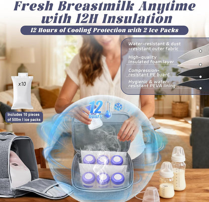 Breast Pump Bag with Insulated Cooler, Double-Layer Pumping Bag for Work & Travel, Fits Most Electric Breast Pumps, Includes 10 Ice Packs & Waterproof Mat, Detachable Bottle Cooler Tote, Pink