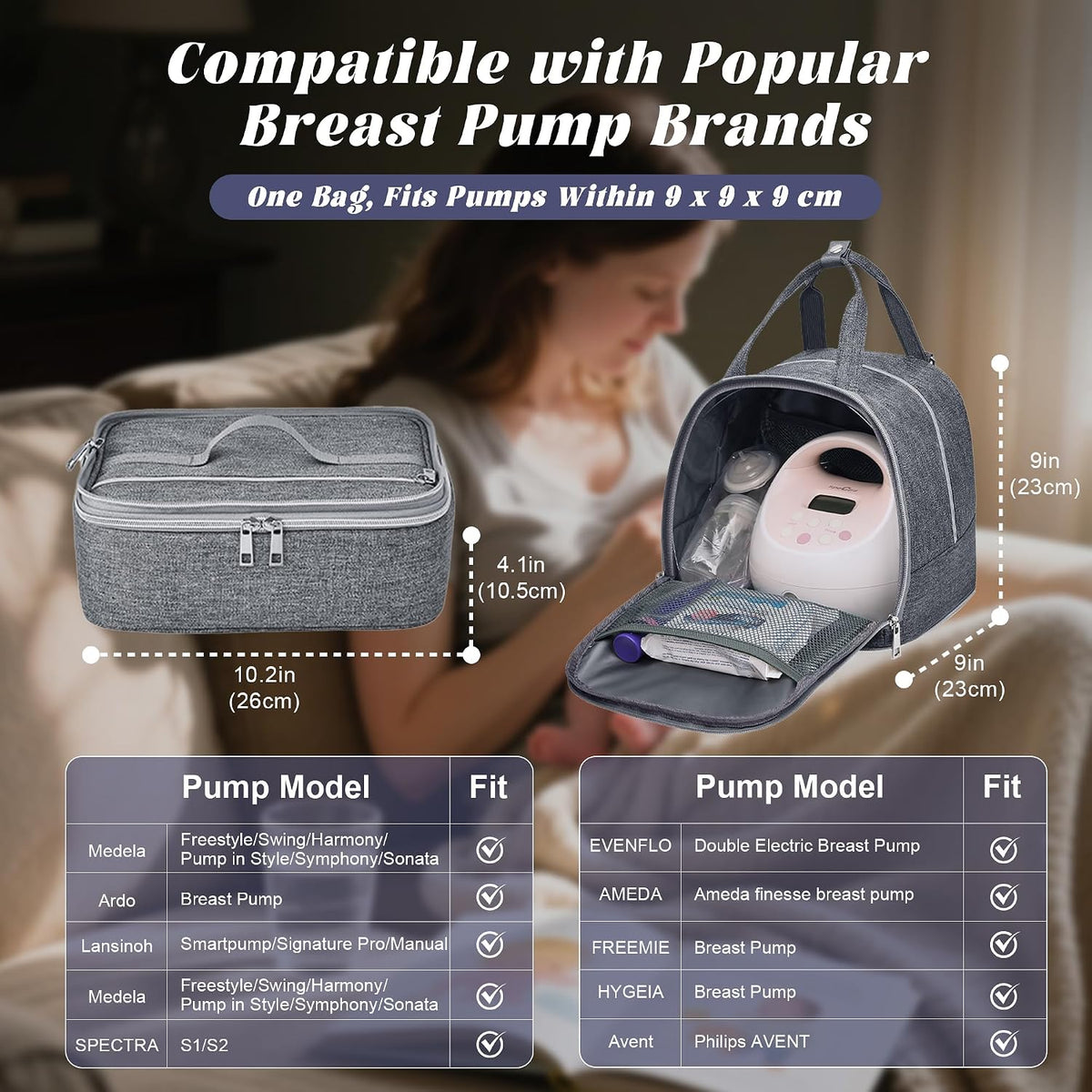 Breast Pump Bag with Insulated Cooler, Double-Layer Pumping Bag for Work & Travel, Fits Most Electric Breast Pumps, Includes 10 Ice Packs & Waterproof Mat, Detachable Bottle Cooler Tote, Pink