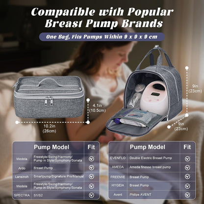 Breast Pump Bag with Insulated Cooler, Double-Layer Pumping Bag for Work & Travel, Fits Most Electric Breast Pumps, Includes 10 Ice Packs & Waterproof Mat, Detachable Bottle Cooler Tote, Pink