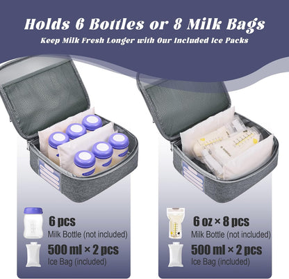 Breast Pump Bag with Insulated Cooler, Double-Layer Pumping Bag for Work & Travel, Fits Most Electric Breast Pumps, Includes 10 Ice Packs & Waterproof Mat, Detachable Bottle Cooler Tote, Pink