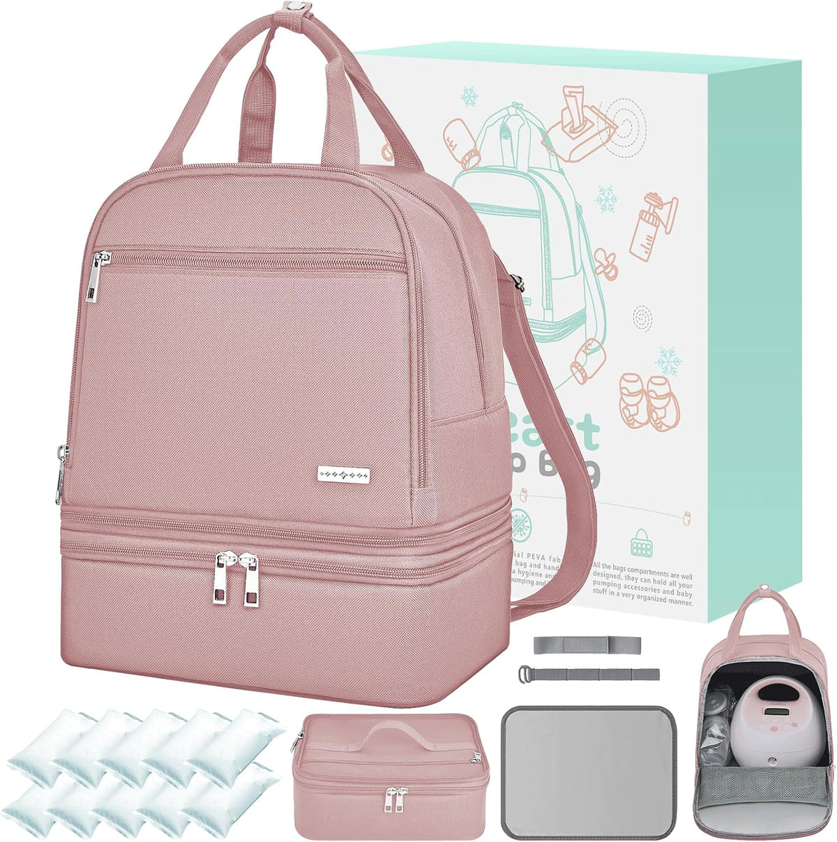 Breast Pump Bag with Insulated Cooler, Double-Layer Pumping Bag for Work & Travel, Fits Most Electric Breast Pumps, Includes 10 Ice Packs & Waterproof Mat, Detachable Bottle Cooler Tote, Pink