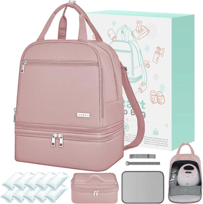 Breast Pump Bag with Insulated Cooler, Double-Layer Pumping Bag for Work & Travel, Fits Most Electric Breast Pumps, Includes 10 Ice Packs & Waterproof Mat, Detachable Bottle Cooler Tote, Pink
