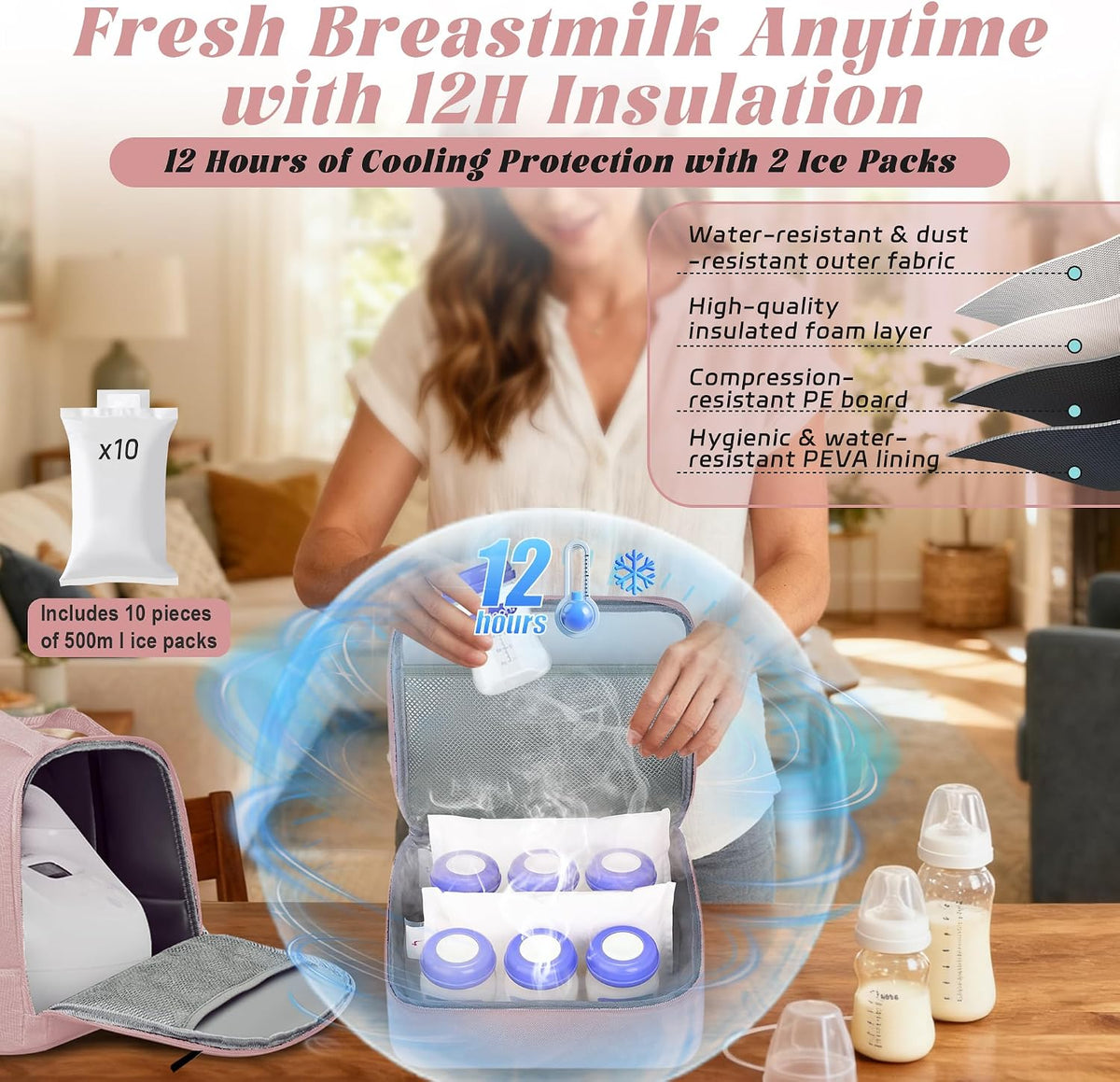 Breast Pump Bag with Insulated Cooler, Double-Layer Pumping Bag for Work & Travel, Fits Most Electric Breast Pumps, Includes 10 Ice Packs & Waterproof Mat, Detachable Bottle Cooler Tote, Pink
