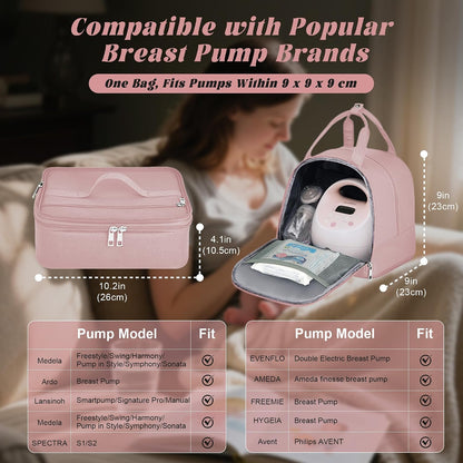 Breast Pump Bag with Insulated Cooler, Double-Layer Pumping Bag for Work & Travel, Fits Most Electric Breast Pumps, Includes 10 Ice Packs & Waterproof Mat, Detachable Bottle Cooler Tote, Pink
