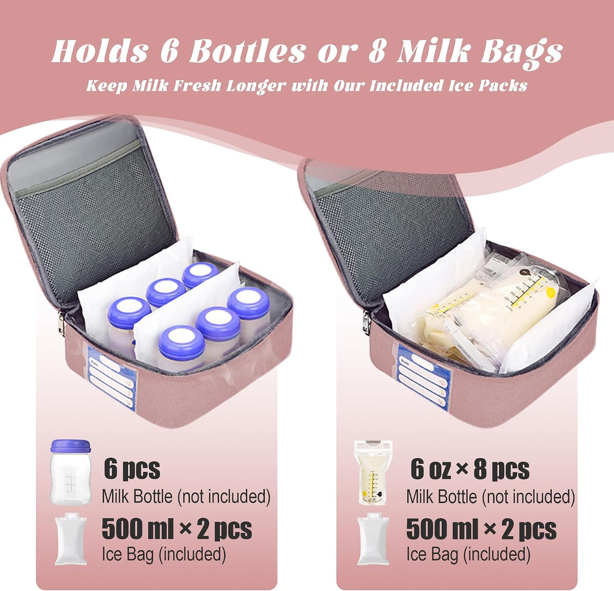Breast Pump Bag with Insulated Cooler, Double-Layer Pumping Bag for Work & Travel, Fits Most Electric Breast Pumps, Includes 10 Ice Packs & Waterproof Mat, Detachable Bottle Cooler Tote, Pink