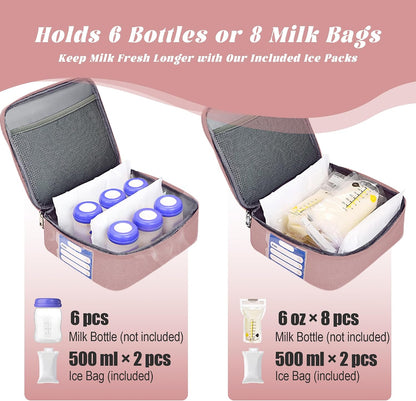Breast Pump Bag with Insulated Cooler, Double-Layer Pumping Bag for Work & Travel, Fits Most Electric Breast Pumps, Includes 10 Ice Packs & Waterproof Mat, Detachable Bottle Cooler Tote, Pink