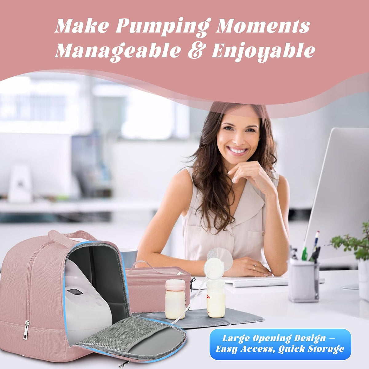 Breast Pump Bag with Insulated Cooler, Double-Layer Pumping Bag for Work & Travel, Fits Most Electric Breast Pumps, Includes 10 Ice Packs & Waterproof Mat, Detachable Bottle Cooler Tote, Pink