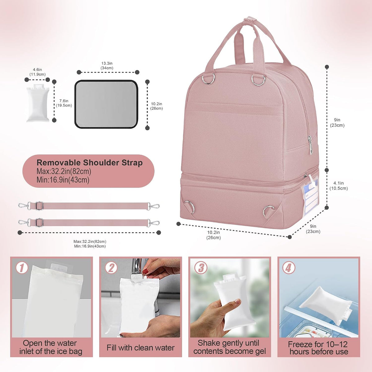 Breast Pump Bag with Insulated Cooler, Double-Layer Pumping Bag for Work & Travel, Fits Most Electric Breast Pumps, Includes 10 Ice Packs & Waterproof Mat, Detachable Bottle Cooler Tote, Pink