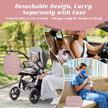 Breast Pump Bag with Insulated Cooler, Double-Layer Pumping Bag for Work & Travel, Fits Most Electric Breast Pumps, Includes 10 Ice Packs & Waterproof Mat, Detachable Bottle Cooler Tote, Pink