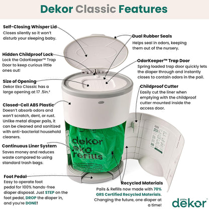 EKO Classic Diaper Pail, White | ONLY Eco-Friendly Diaper Pail Made with 70% Recycled Materials | Hands-Free: Step–Drop–Done | Cost-Effective Refill System